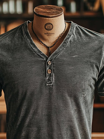 Herren-T-Shirt im Vintage-Stil klassisch Aus Gewaschenem Leder Mit V-Ausschnitt Und Knopfleiste Kurze Ärmel