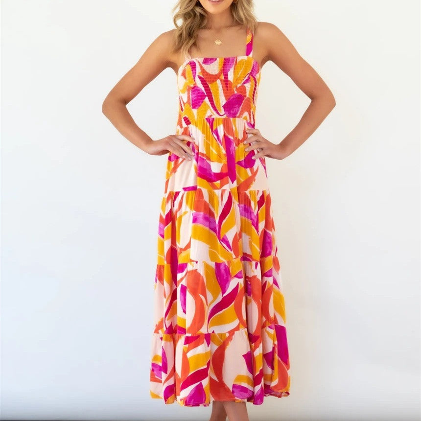 Sommerkleid mit breiten Trägern | Smock-Oberteil | Farbenfrohes Musterdesign