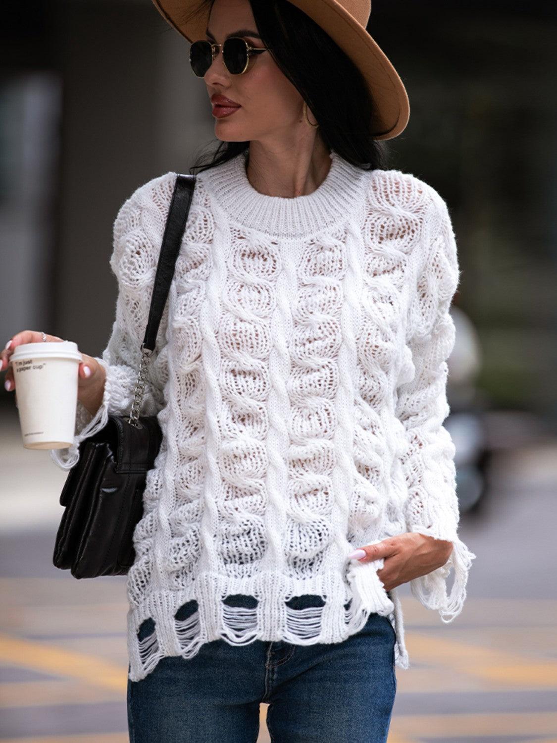Strickpullover mit Zopfmuster | Distressed-Details | Lässiger Streetstyle