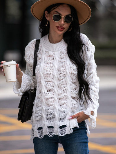 Strickpullover mit Zopfmuster | Distressed-Details | Lässiger Streetstyle