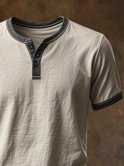Herren Vintage T-Hemd Im Gebrauchter Look Mit Farbblock Und Henley Ausschnitt Kurzärmelig