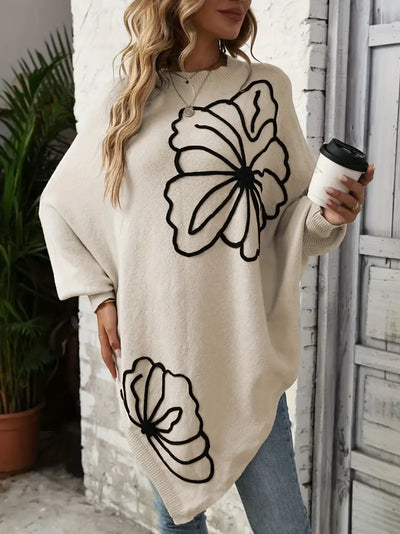 Pullover mit Blumenmotiv | Lockere Passform | Asymmetrischer Schnitt