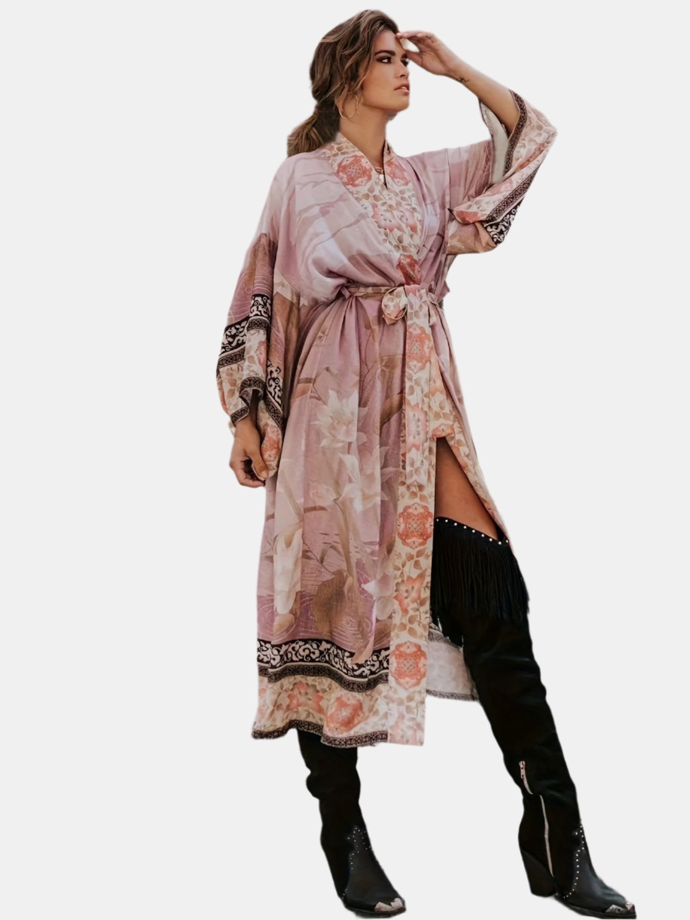 Damen Kimono Kleid mit Blumenmuster und Gürtel