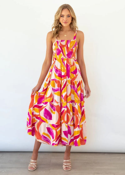 Sommerkleid mit breiten Trägern | Smock-Oberteil | Farbenfrohes Musterdesign