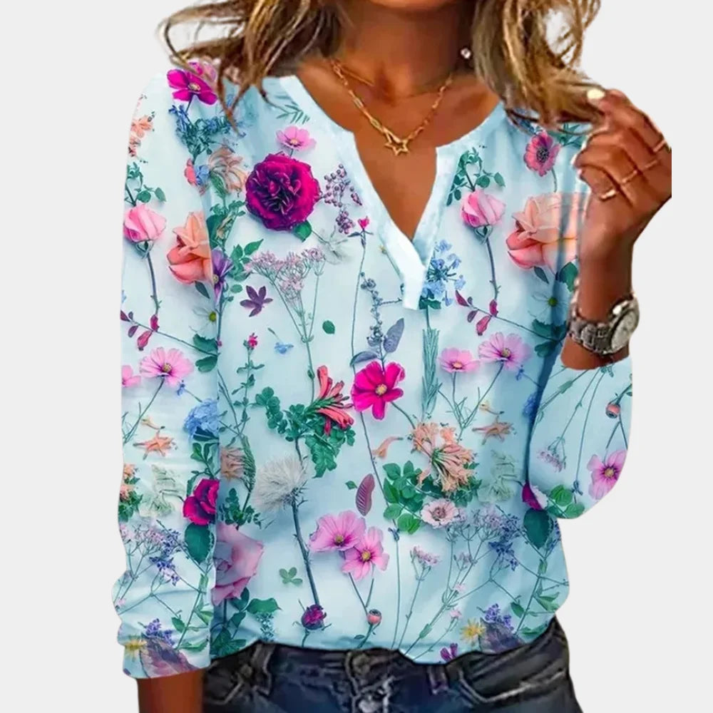 Damen Bluse mit floralem Muster und V-Ausschnitt