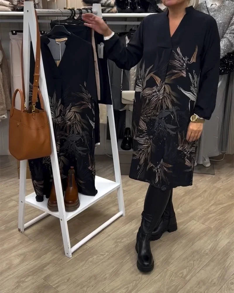 Damen Langarm Midikleid mit Blumenmuster in Schwarz