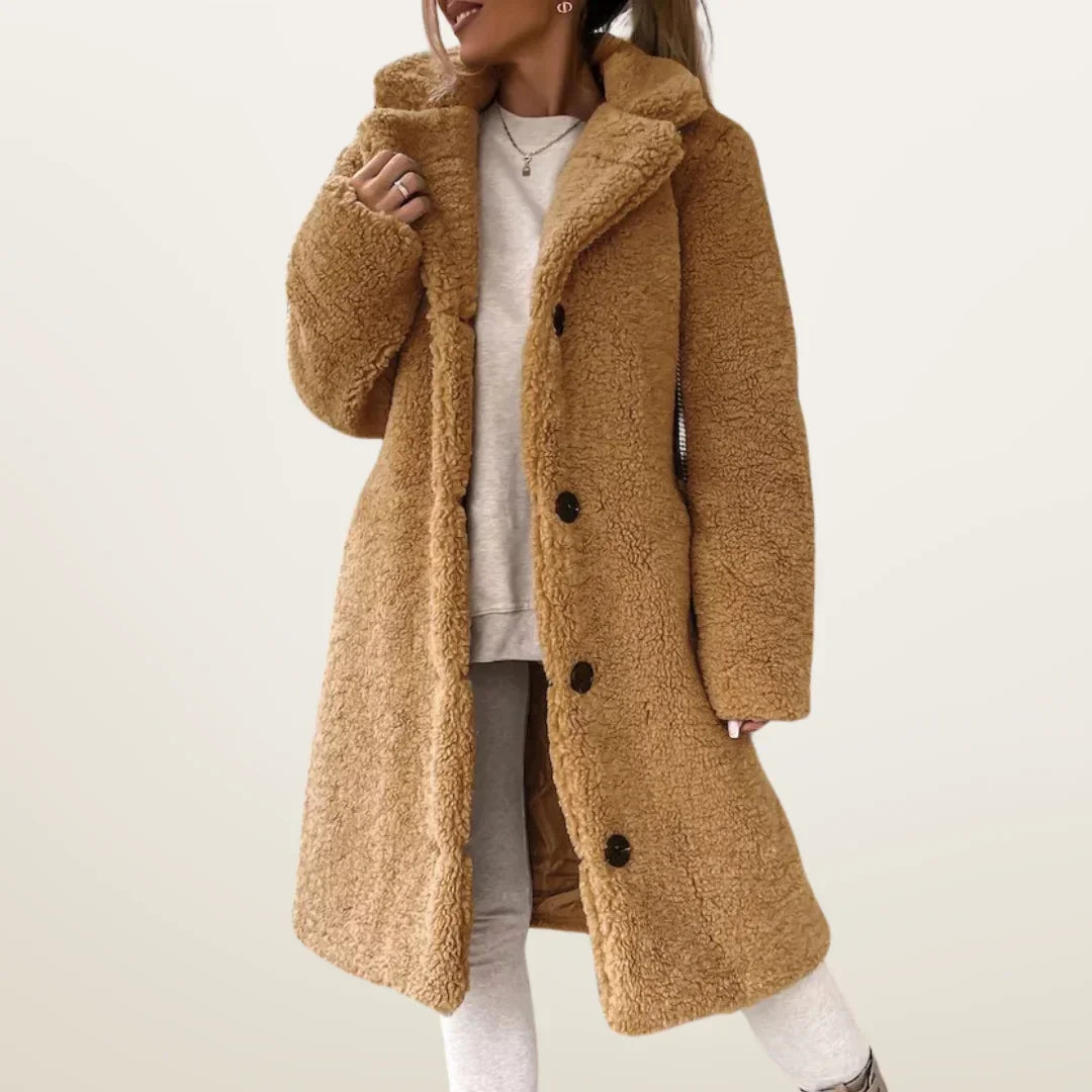 Damen Teddymantel lang mit Knöpfen