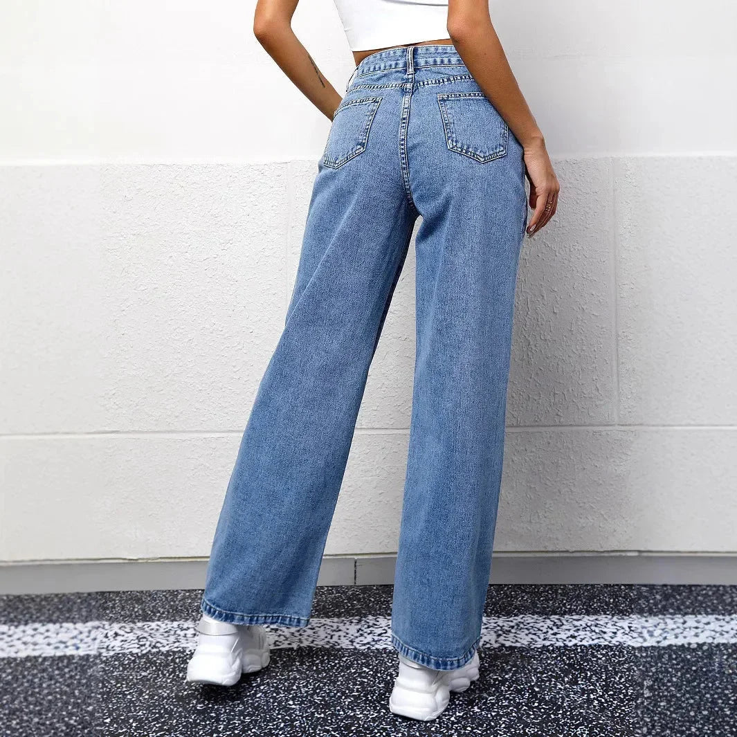 Damen Weite Mom-Jeans mit Hoher Taille in Blau