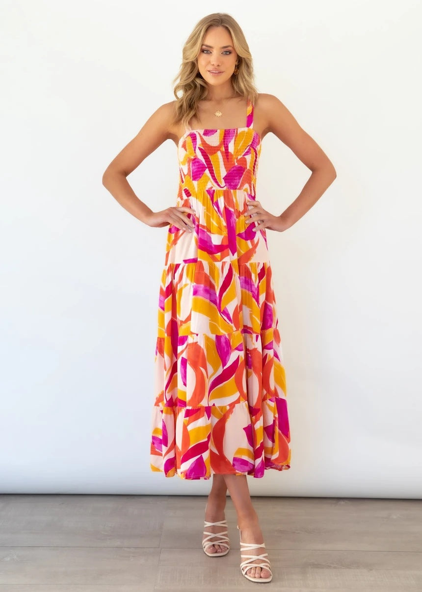 Sommerkleid mit breiten Trägern | Smock-Oberteil | Farbenfrohes Musterdesign