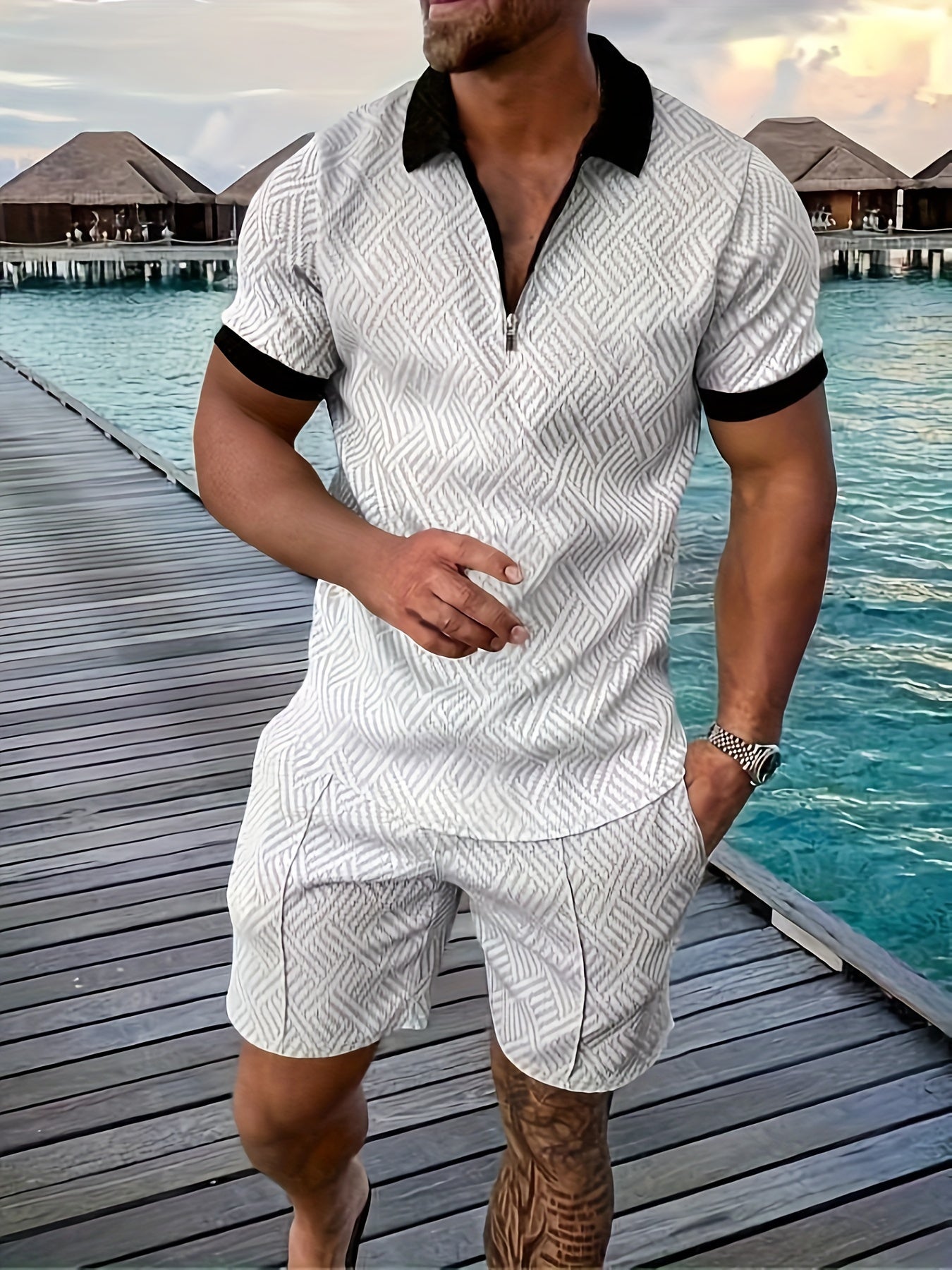 Everard™ – Herren Sommer-Set mit Zip-Polo & Shorts im Geo-Design