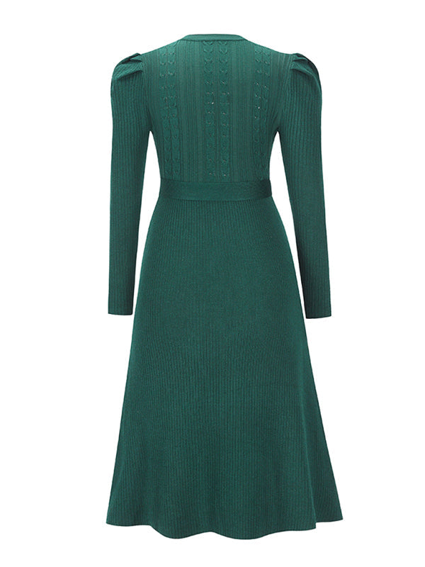 Strickkleid mit Taillengürtel | Strukturmuster | Midilänge