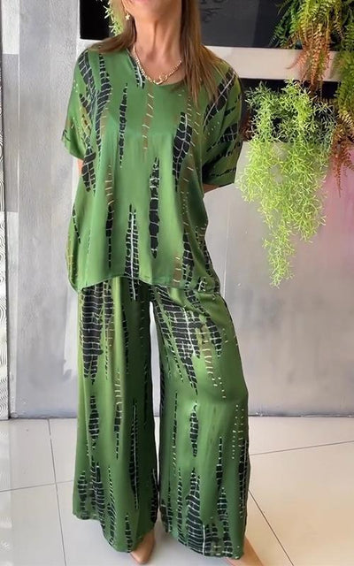 Aubrey™ - Lässiges Zweiteiliges Satin Kostüm mit Rundhalsausschnitt