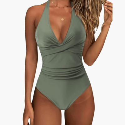 Karierter Sommer-Badeanzug - Damen Einteiler mit V-Ausschnitt