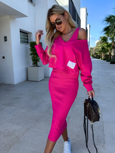 Strick-Zweiteiler mit Top | Oversize Pullover | Figurbetonter Midirock