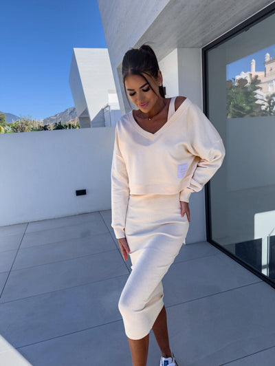 Strick-Zweiteiler mit Top | Oversize Pullover | Figurbetonter Midirock