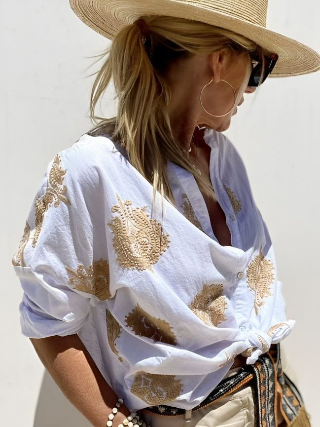 Oversize-Bluse mit Stickerei | Knoten-Detail | Boho-Leichtigkeit