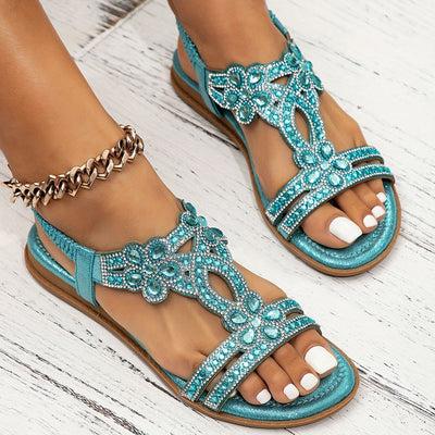 Sommersandalen mit Glitzersteinen | Elastisches Fersenband | Boho-Glamour