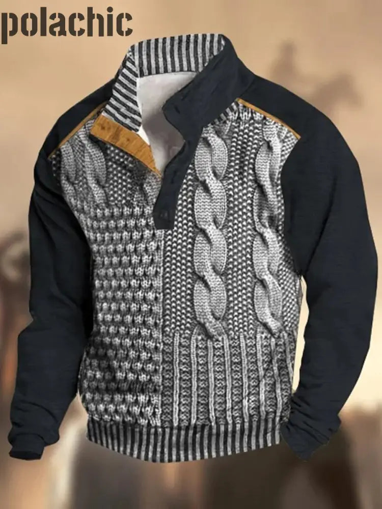 Motif de texture rétro imprimé western vintage henry bouton v-cou en plein air épais sweat