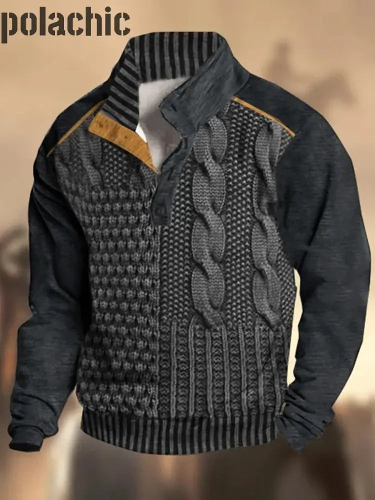 Motif de texture rétro imprimé western vintage henry bouton v-cou en plein air épais sweat