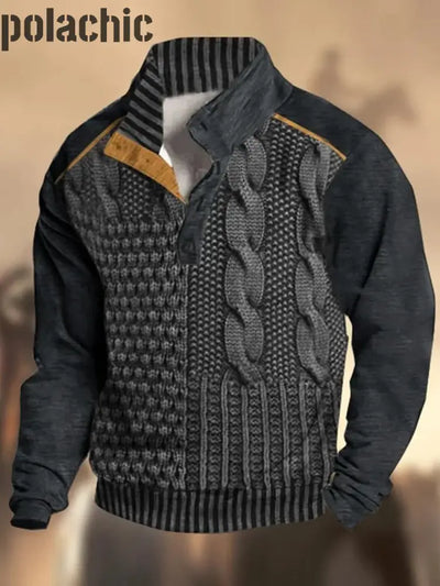 Motif de texture rétro imprimé western vintage henry bouton v-cou en plein air épais sweat