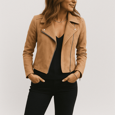 Vintage Bikerjacke aus Wildlederimitat – Stylische Übergangsjacke mit Reißverschlussdetails