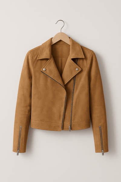 Vintage Bikerjacke aus Wildlederimitat – Stylische Übergangsjacke mit Reißverschlussdetails