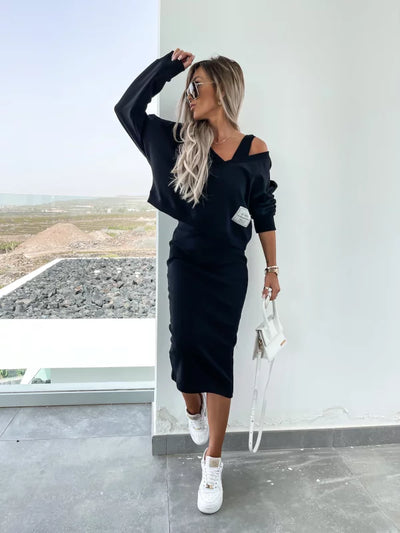 Strick-Zweiteiler mit Top | Oversize Pullover | Figurbetonter Midirock