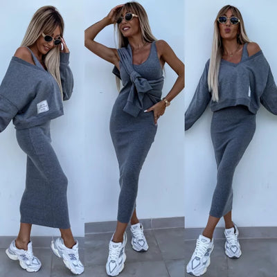 Strick-Zweiteiler mit Top | Oversize Pullover | Figurbetonter Midirock