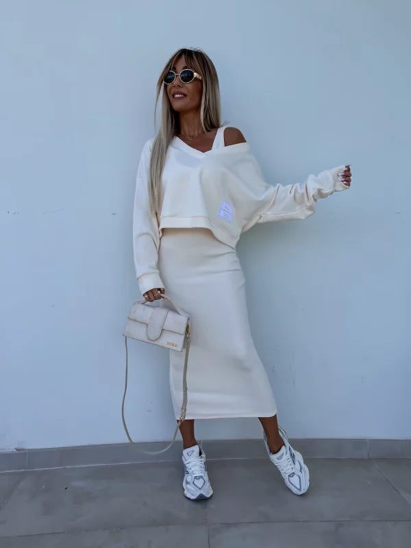 Strick-Zweiteiler mit Top | Oversize Pullover | Figurbetonter Midirock