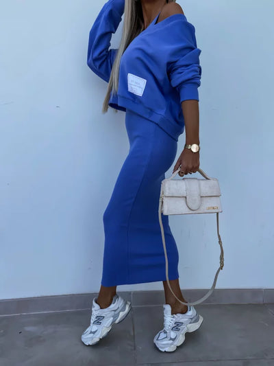 Strick-Zweiteiler mit Top | Oversize Pullover | Figurbetonter Midirock