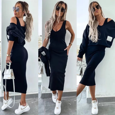 Strick-Zweiteiler mit Top | Oversize Pullover | Figurbetonter Midirock