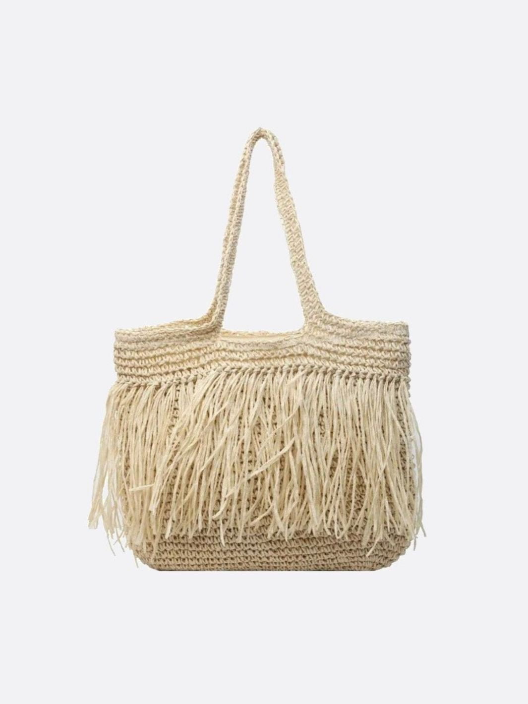 Sola | Große Strohtasche mit Fransen & Reißverschluss – Schulter-Tote Bag