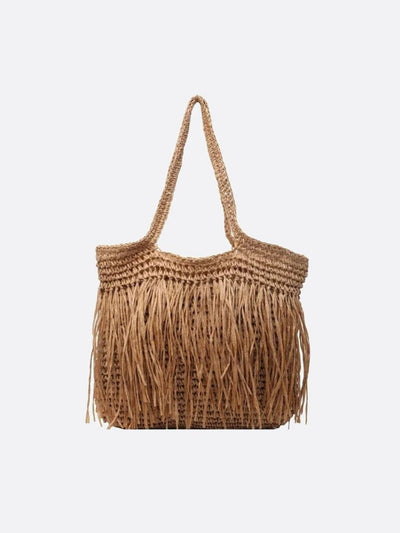 Sola | Große Strohtasche mit Fransen & Reißverschluss – Schulter-Tote Bag