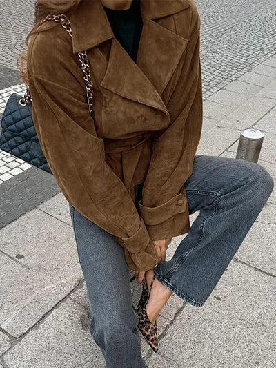 Vydra | Damen Wickelmantel Wildleder Braun Mit Bindegürtel