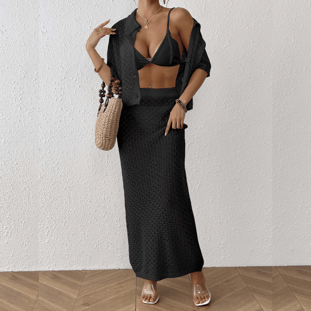 Anika™ | Häkel-Strand-Set Zweiteiler – Sommerliches 2-Teiler Outfit mit Knopftop & Bodycon-Rock aus Luftiger Netzstruktur