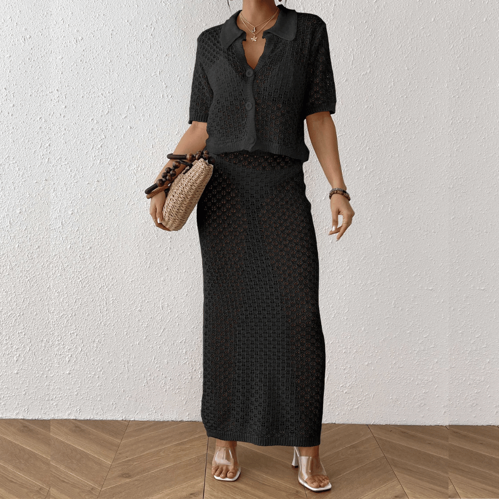 Anika™ | Häkel-Strand-Set Zweiteiler – Sommerliches 2-Teiler Outfit mit Knopftop & Bodycon-Rock aus Luftiger Netzstruktur