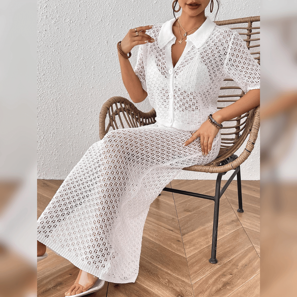 Anika™ | Häkel-Strand-Set Zweiteiler – Sommerliches 2-Teiler Outfit mit Knopftop & Bodycon-Rock aus Luftiger Netzstruktur