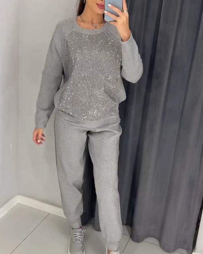 Set 2 Teile Strass Sweatshirt und Casual Hose für Damen