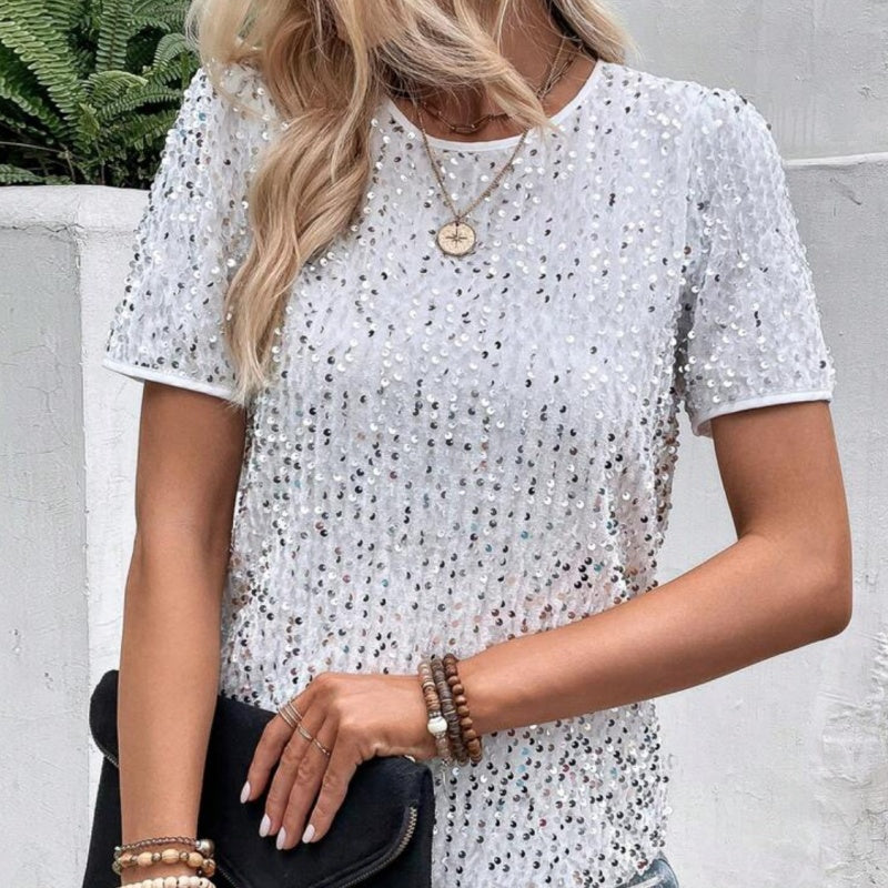 Paillettenshirt mit Rundhalsausschnitt | Kurzarm | Glanzvoller Look