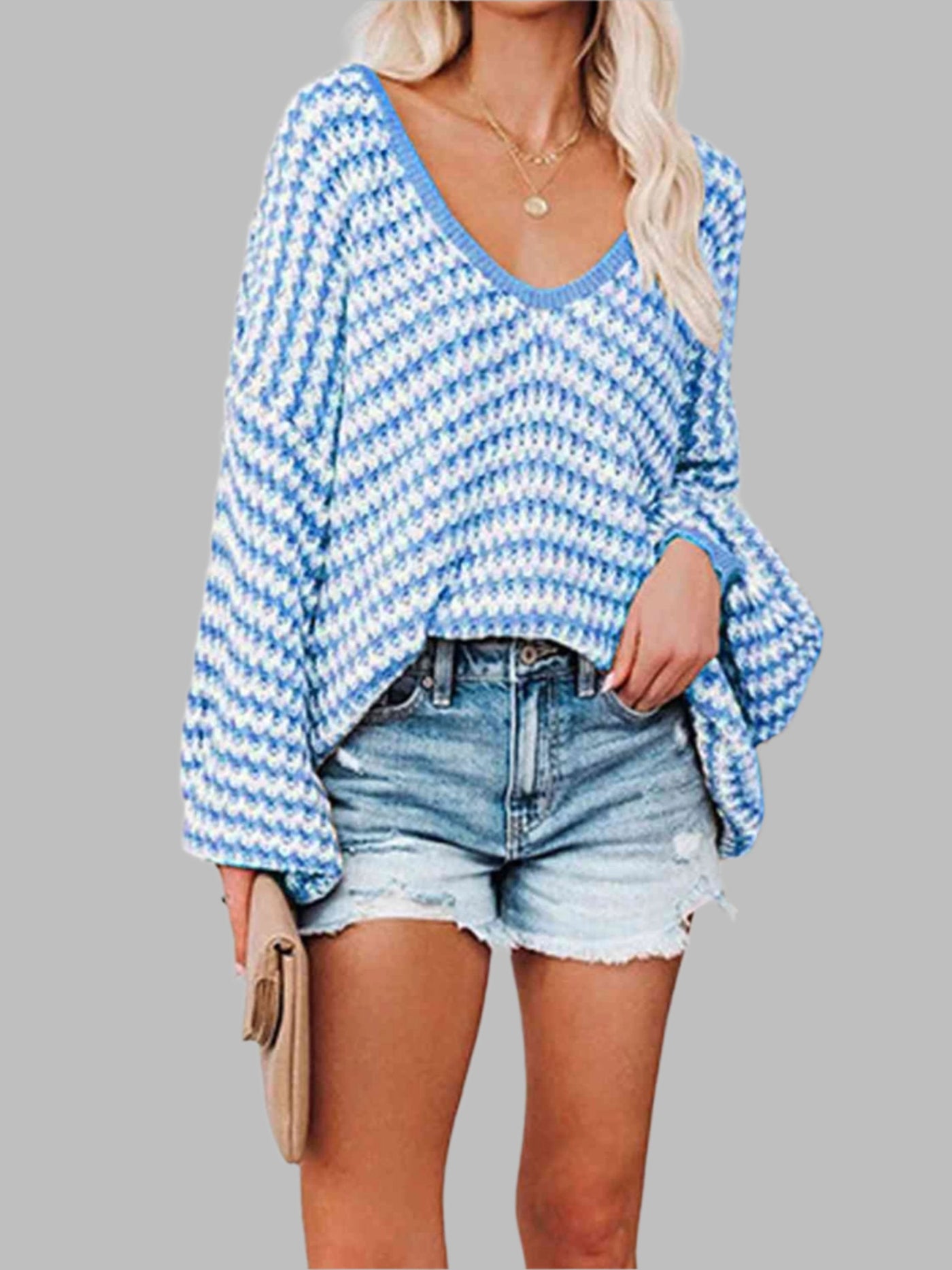 Strickpullover mit V-Ausschnitt | Oversize | Strukturierte Maschen